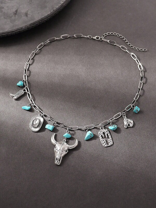 1pc Western Style Skull, Cactus Pendant Necklace
