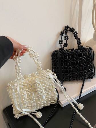 Pearl Beaded Acrylic Plastic Square Handbag, Women's Tote Shoulder Crossbody Bag, Suitable For Shopping And Parties