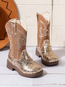 NILOSH 1 Pair Children's PU Square Toe Mid-Calf Cowboy Boots - Gold - View 4