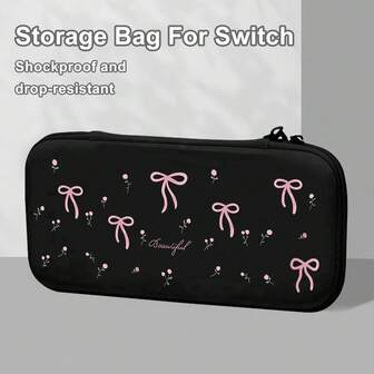 1PC Bowknot For Switch2 Organizer Case Holds NS Grip Lite Data Cable Large Capacity Portable Storage Travel Bag Black Protective Case Dustproof Case Fingerprint Resistant Birthday Gift