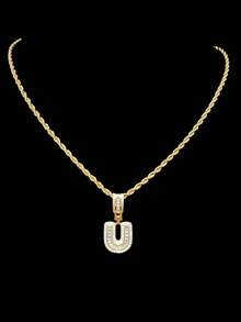 1 件立方氧化锆字母吊坠和 1 件不锈钢扭链，26 个英文字母男女通用流行时尚经典嘻哈复古吊坠项链，适合日常佩戴或派对，情人节礼物 - 金黃色 - 查看 25