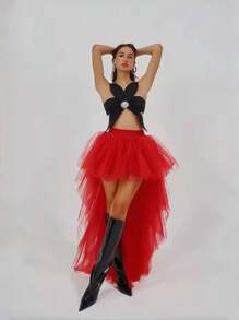 1pc Women's Asymmetric Hem Fishtail Skirt, Black/White/Red, Layered Tulle Skirt, Gothic Style, 4-Layer Tulle + 1 Lining, Plus Size Floor Length Skirt, Stage Performance Skirt Fall Clothes For Women