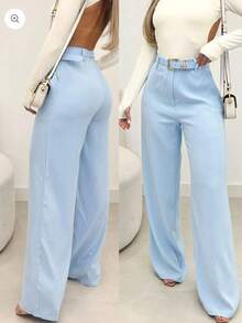 Tailored Wide Leg Pants With Belt Fashion 2025 - Baby Blue - View 2