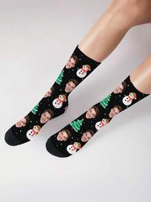 1 Pair Of Custom Face Socks, Custom Photo Socks, Custom Printed Socks, Print Any Face On Socks, Anniversary Gift, Halloween Gift, Christmas Gift, Gift For Friends, Whimsical Gift For Family, Women's Mid-Calf Socks, Men's Socks. - Multicolor - View 4