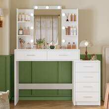 Großer Schminktisch mit Spiegel und Beleuchtung, Schminktisch mit 6 Schubladen und 4 offenen Ablageflächen, Schminktisch-Set mit Hocker, für Frauen und Mädchen