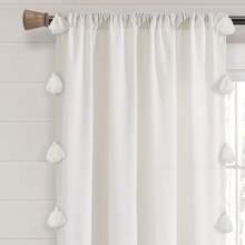 Lush Decor Boho Faux Linen Texture Tassel Rod Pocket Window Curtain Panel Single White/Turquoise 52X84 Halloween-Fall Decor-Room Decor - White/White - View 3