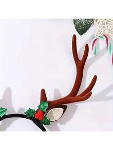 10-Zoll Weihnachts-Rentiergeweih-Haarband, Weihnachtsparty Foto-Requisite, braunes Hirschgeweih Deko mit grünen Blättern und roten Beeren, Weihnachtlicher Haarschmuck, Feier-Requisite, Partydekoration, geeignet für Weihnachten