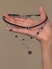 Multi-Layer Necklace For Women, Edgy & Sweet Black Leather Cord Choker Necklace - Black - View 2