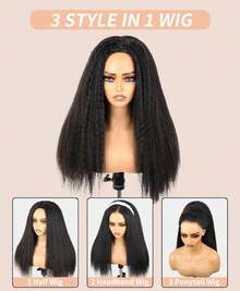 bling hair Half Wig, Straight, Kinky, Flexi Fit, Invisible, 3 In 1 Wig, Flip Drawstring Wig, 180% Density, Glueless Wigs, Natural Black, Ready To Wear Headband Wig For Women - Natural Black - 查看 5