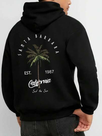 Sudadera con capucha de forro polar con estampado de cocotero para hombres, estilo simple y versátil, deportiva, casual y holgada