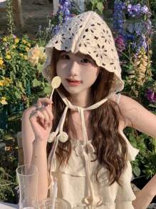 1pc Lightweight Decorative Crochet Hollow Out Tasseled Beanie Hat, Polyester Fiber Material, Fashionable Accessory For Women, Suitable For Summer Sun Protection, Boho Style, Mother-Daughter Matching Outfit