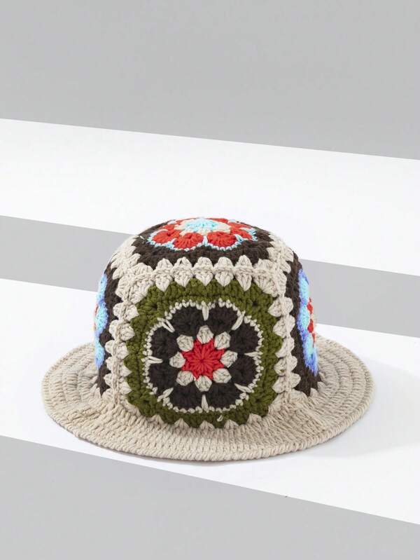 1pc New Zuma Patchwork Hollow Out Knitted Bucket Hat, Versatile