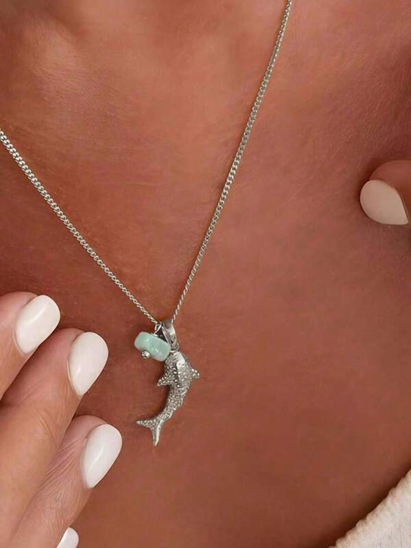 1 pieza Collar con colgante de piedra natural con diseño de tiburón de tema de playa y océano, popular y de moda para mujer, regalo ideal para boda, fiesta de compromiso, Halloween