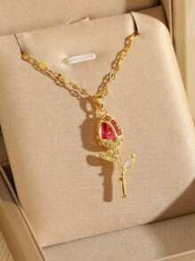 1pc Women's Fashionable Gold Color Necklace, New Korean And European Style Necklace With Cat Eye Tulip Pendant, Lightweight Luxurious Zirconia Rotating Snowflake Pendant Necklace