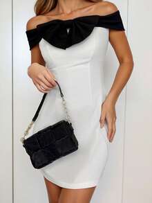 春季女士连衣裙：简约时尚，高端优雅单肩蝴蝶结设计黑白撞色修身露肩性感裹身裙，收腰复古风，适合婚礼、鸡尾酒会等场合