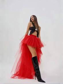 1pc Women's Asymmetric Hem Fishtail Skirt, Black/White/Red, Layered Tulle Skirt, Gothic Style, 4-Layer Tulle + 1 Lining, Plus Size Floor Length Skirt, Stage Performance Skirt Fall Clothes For Women