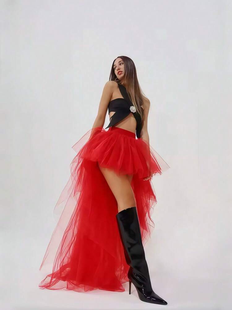 1 件女式不对称下摆鱼尾裙，黑/白/红色，分层薄纱裙，哥特式风格，4 层薄纱 + 1 衬里，加大码及地长裙，舞台表演裙秋季女士服装 - 彩色 - 查看 3
