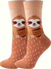 1 par de calcetines de media caña con estampado de perezoso marrón, lindos, cómodos y llamativos, adecuados para actividades diarias al aire libre, calcetines de otoño