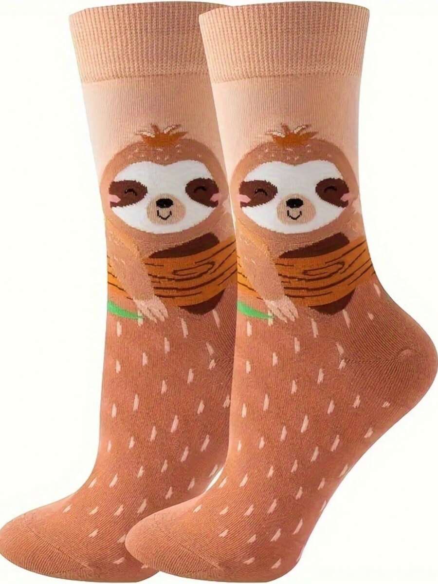 1 par de calcetines de media caña con estampado de perezoso marrón, lindos, cómodos y llamativos, adecuados para actividades diarias al aire libre, calcetines de otoño