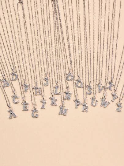 1 pièce Style Ins 26 pièces Collier pendentif entièrement serti de strass en forme de lettre anglaise et de couronne, Collier ras-du-cou DIY, Chaîne en acier inoxydable avec pendentif en cuivre