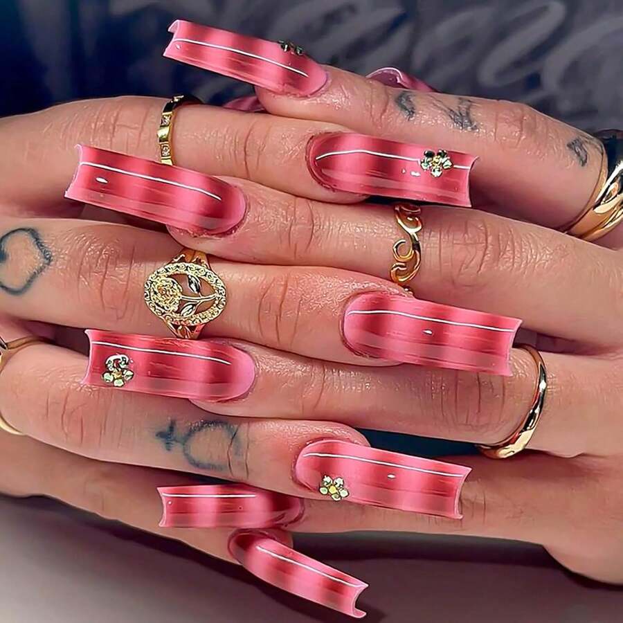 Long Press On Nails Square Fake Nails Ombre False Nails With Rhinestones Designs Sparkly Artificial Nails Acrylic Nail Press Ons For Women 24Pcs - 長款-C5C46 - 查看 1