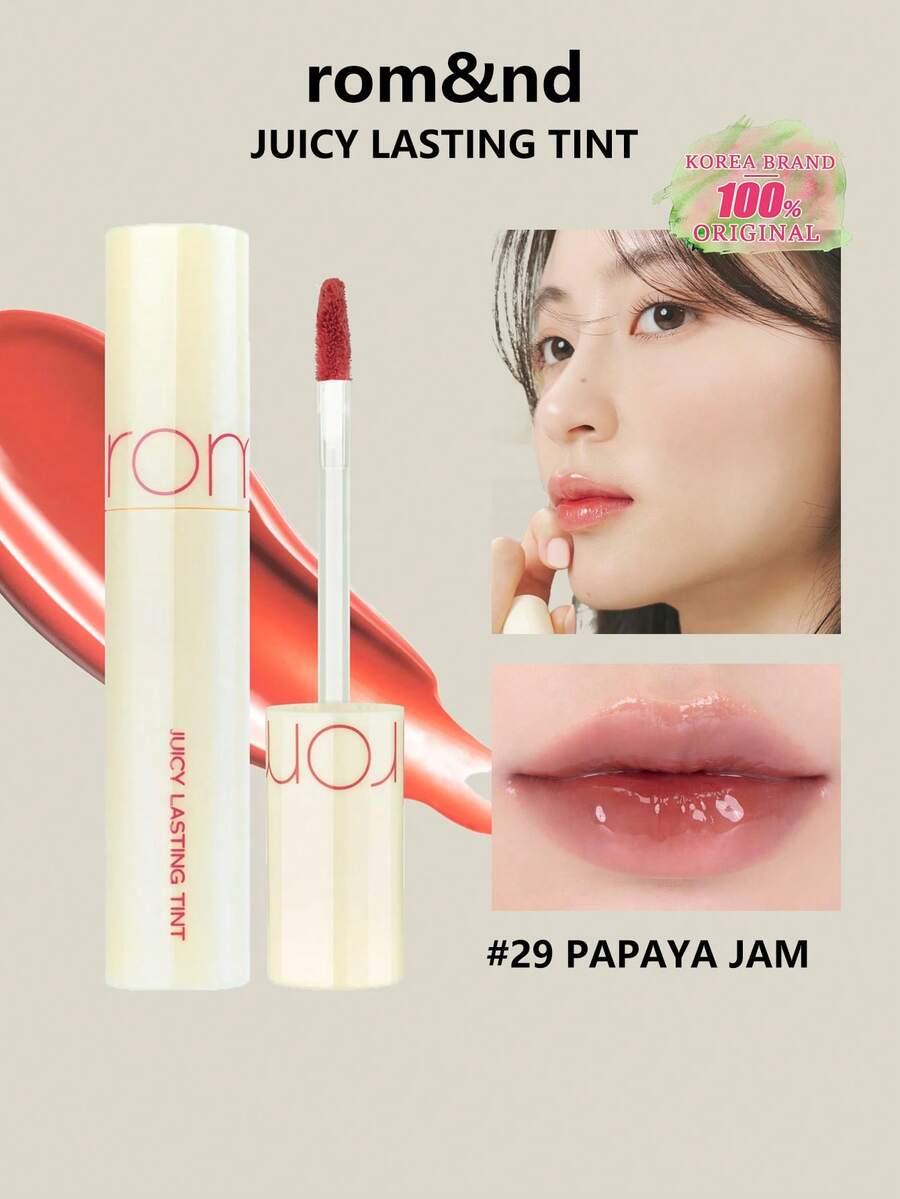 Rom&nd Romand Juicy Lasting Tint 29 木瓜果酱色，液体唇膏，唇彩，色彩鲜艳，滋润闪亮，韩国唇釉，MLBB（My Lips But Better，我的嘴唇，但更美），轻盈柔滑，超保湿，不粘腻，韩国化妆品，礼盒套装