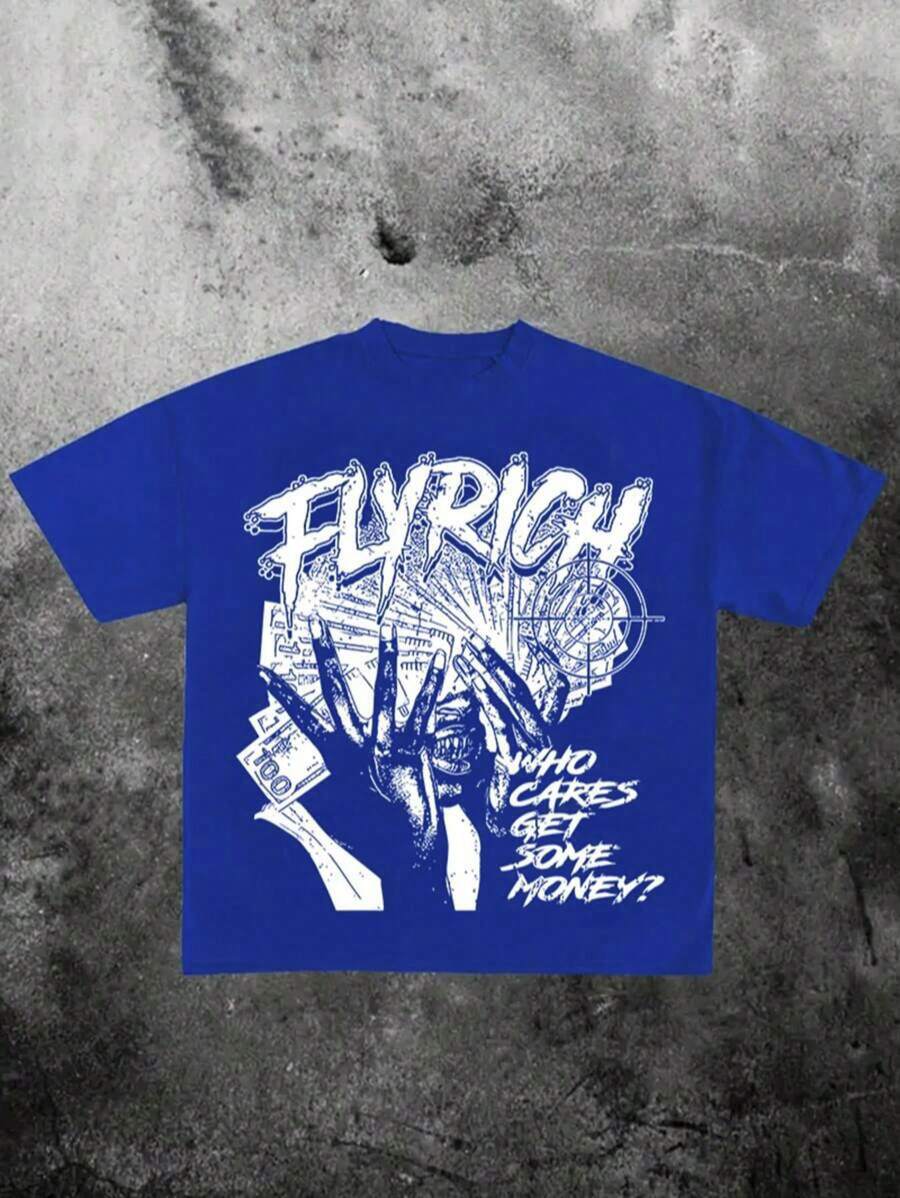 VHUTHK (220 Pure Cotton T-Shirt) Men's Summer Round Neck Short Sleeved Casual Pure Cotton Print Hand Drawn Y2k Style - 寶藍色 - 查看 1