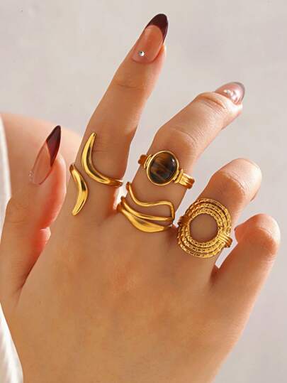 Conjunto de 4 anéis ovais vintage banhados a ouro, de aço inoxidável, luxuosos, geométricos e assimétricos, adequados para mulheres, uso diário, festas, encontros e anéis elegantes