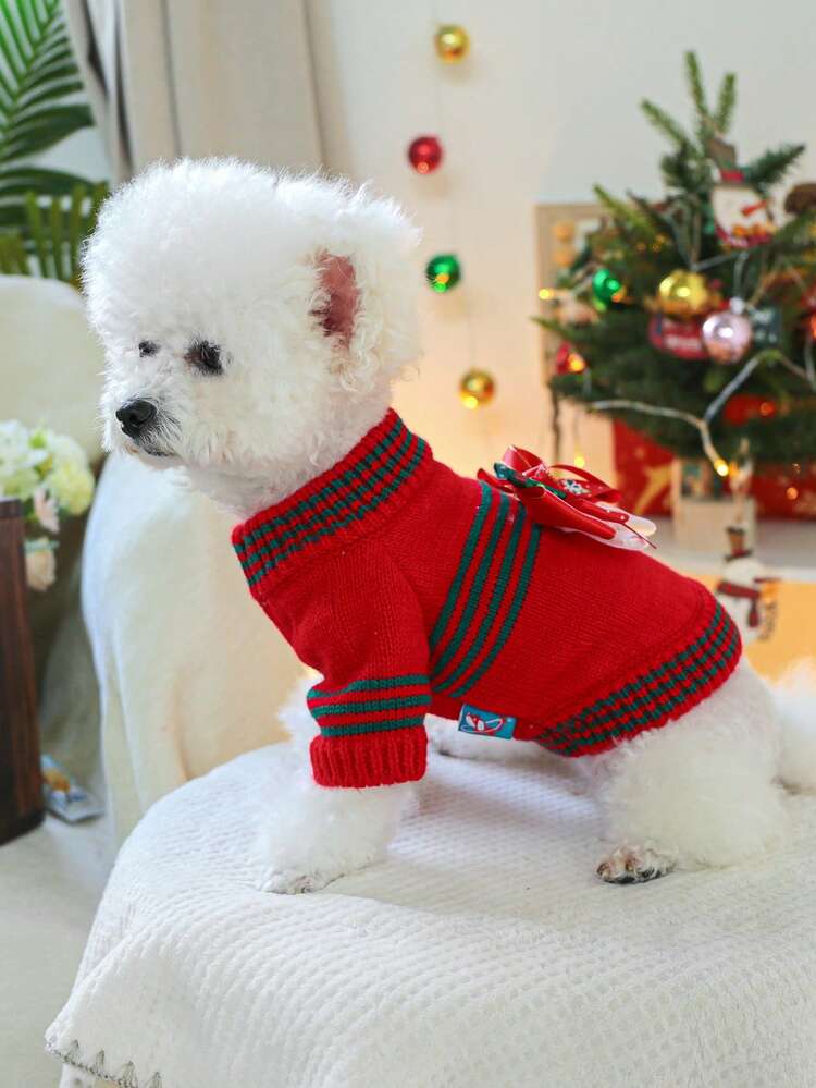 1pc Pet Clothes, Dog/Cat Apparel, Small Dog/Puppy Outfit, Cute Pet Sweater, Warm & Comfortable Christmas Knitwear - Red - Red - View 4