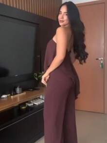 Long Asymmetrical Strapless Pantaloon Jumpsuit Spring Summer - Rust Brown - View 5