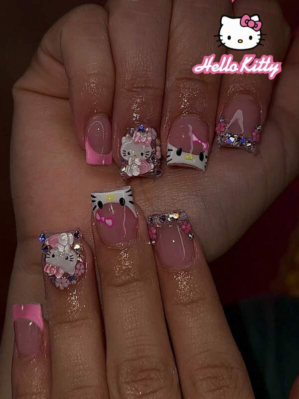 Sanrio Sanrio Hello Kitty 24Pcs Short Square 3D Gel Nail French Tip Press On Short Nails - Cute 3D Hello Kitty Decoration With Rhinestones And Flower Design Fit Perfectly Acrylic Fake Nail Set, Contain 1Pc Jelly Glue And 1Pc Nail File, Hello Kitty Nails For Women And Girls Daily Life And Party Use Nail Supplies Nails