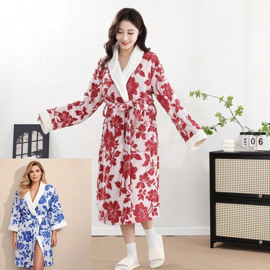 1件女款加厚真空包裝長款浴袍晨袍睡袍家居袍 雙色提花口袋 壓扣設計 休閒可愛 高端 洗澡游泳 浴室美容沙龍適用 民俗禮品 - 彩色 - 查看 1