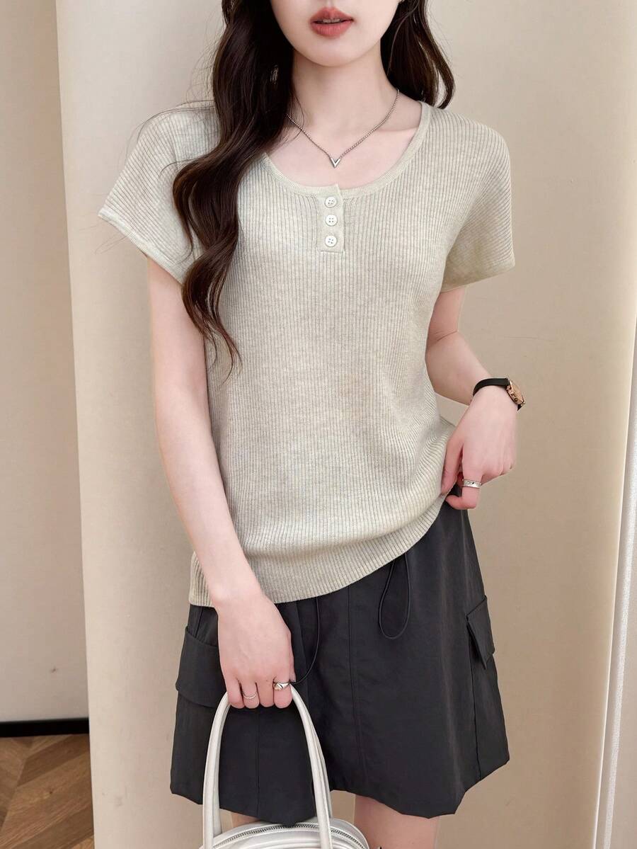 女士休闲日式半开领短袖套头衫,夏季 - 杏色 - 查看 1