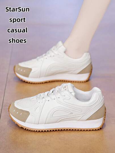 女士拼接网眼圆头系带厚底低帮多功能时尚休闲运动鞋，橡胶底防水防滑耐磨轻便跑步鞋，春秋季新款百搭白色运动鞋，适合日常穿着