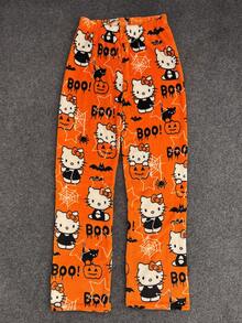 Sanrio 1pc Sanrio Hello Kitty Flannel Fluffy Pajama Pants - Cozy Fleece Lining, Warm Halloween Print, Black & Orange Cartoon Design, Suitable For Men & Women, Autumn/Winter Sleepwear, Great As Study Reward, Holiday Or Birthday Gift