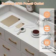 Cómoda para dormitorio con luz LED y estación de carga, cómoda de madera de 8 cajones con espacio abierto, cómoda moderna con cajones anchos para sala, entrada y pasillo - Blanco - Ver 4