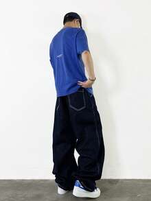 1件套水洗拼布牛仔裤，休闲宽松阔腿裤，复古美式街头风格