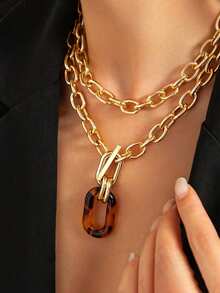 1件优雅女士项链，时尚金属金链多层项链，适合派对和日常佩戴 - 金黃色 - 查看 3