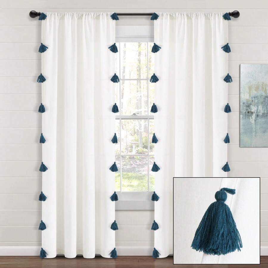 Lush Decor Boho Faux Linen Texture Tassel Rod Pocket Window Curtain Panel Single White/Turquoise 52X84 Halloween-Fall Decor-Room Decor - White/Turquoise - View 1