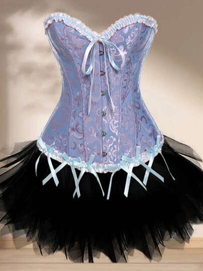 Women Sexy Overbust Boned Corset Burlesque Basque Tops+Tutu Set Lace Up Waist Firm Gothic Lingerie Skirt Party Halloween Costume