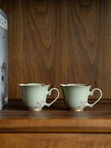 1pc Ceramic Ash Gray Orchid Petal & Heart Shaped Handle Tea Cup, Suitable For Home Tea Drinking, Teahouse, Office Tea Table