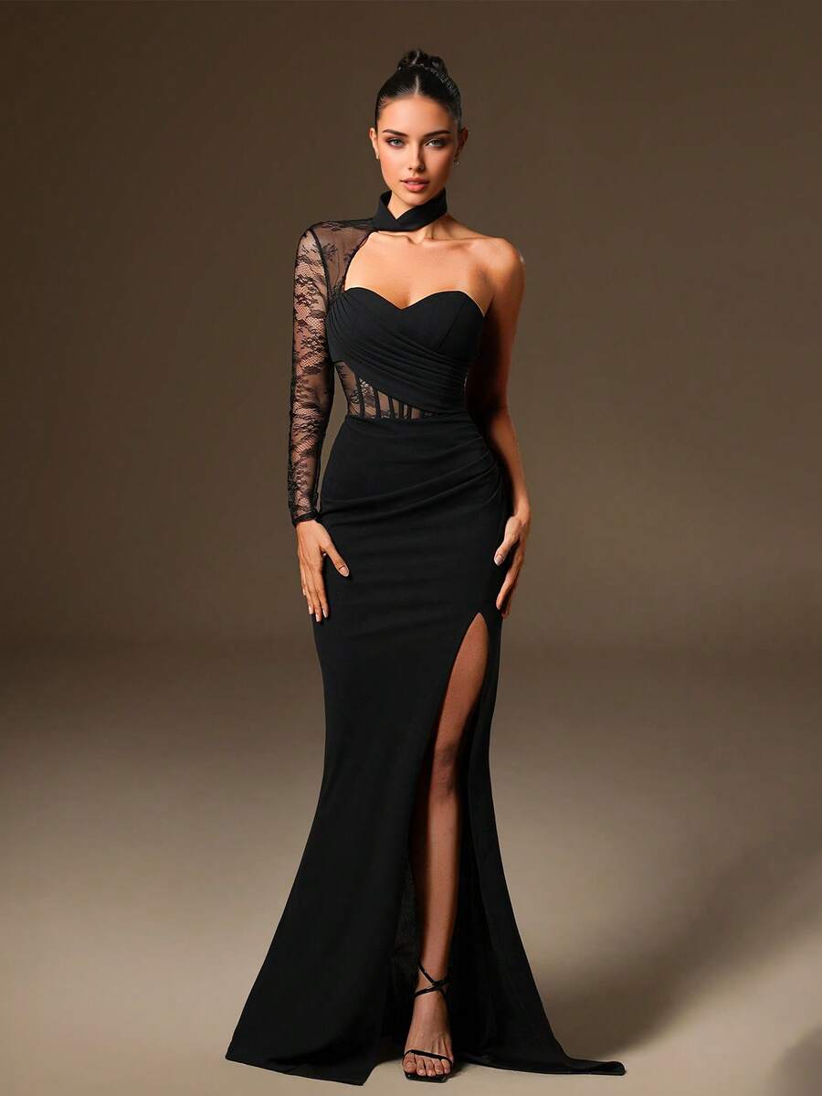 Váy dạ hội VIPGIRL cổ yếm một tay xếp ly màu đen thanh lịch dài tay trang trọng dự tiệc cưới, dự tiệc tốt nghiệp, tiệc tối - màu đen - Xem 1