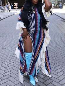 GLOURI Women's Vibrant Cable Knit Sweater Maxi Dress - Sexy High Slit & Boho Striped Ruffles | Long Sleeve Fall/Winter Party Dress (Casual Loose Fit Pullover) - Màu xanh lam - Xem 6