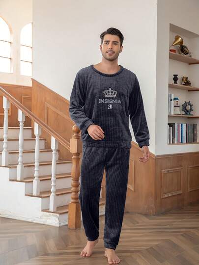Simple Style Men's Sleepwear Set, Warm Flannel Pajamas With Long Sleeve Loose Top And Loose Pants, Autumn/Winter