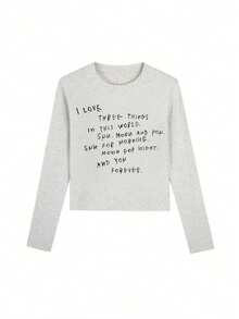 修身款美式插肩字母印花棉质 T 恤，短款长袖分层上衣，适合女士，春秋季 - 淺花灰 - 查看 5
