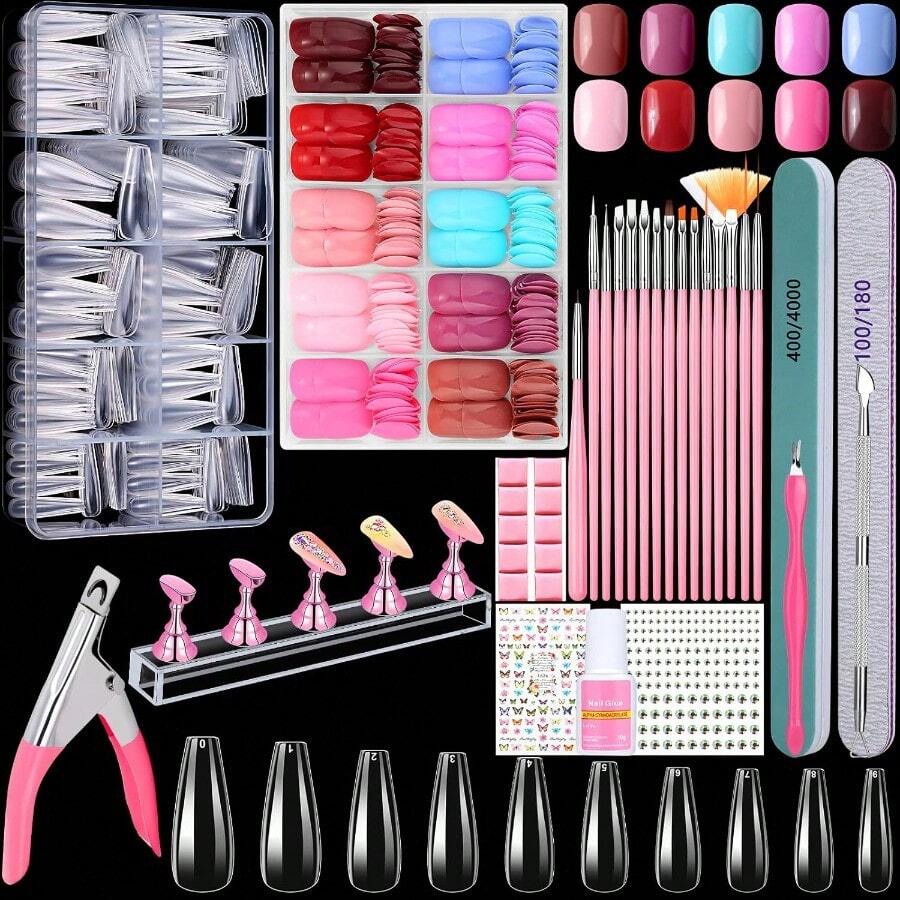 Nail Art Salon Sets600PCS Clear Coffin Nail Tips And 240PCS Short Press On Nails Set Clear Acrylic Nail Tips With Glue Nail Art Brushes And Nail Display Stand Nail Tips For Salons And Home DIY Nail Art - 透明棺材釘 - 查看 1