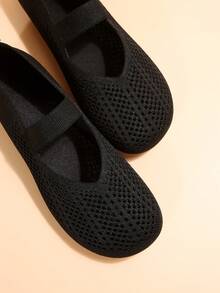 2025年秋季女士四季针织玛丽珍平底鞋，纯色一脚蹬圆头鞋，织物鞋面和衬里，橡胶鞋底，可机洗 - 黑色 - 查看 10