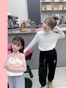 2 件套女童保暖高领长袖 T 恤，时尚秋冬分层上衣