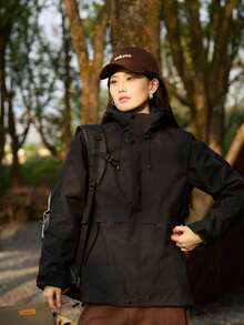 YOMEGO 女士防水滑雪服，三合一保暖冬季雪地外套，防风连帽雨衣，户外服装，纯色，长袖，带拉链口袋，适合冬季运动，抓绒面料，黑色 - 黑色 - 查看 3