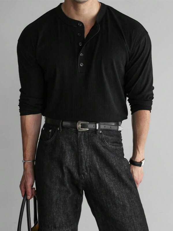 Men's Versatile Solid Color Henley Neck Vertical Striped Long Sleeve T-Shirt, Casual Retro Relaxed Vibe, Lightweight Undershirt With Refined Aesthetic , Fall